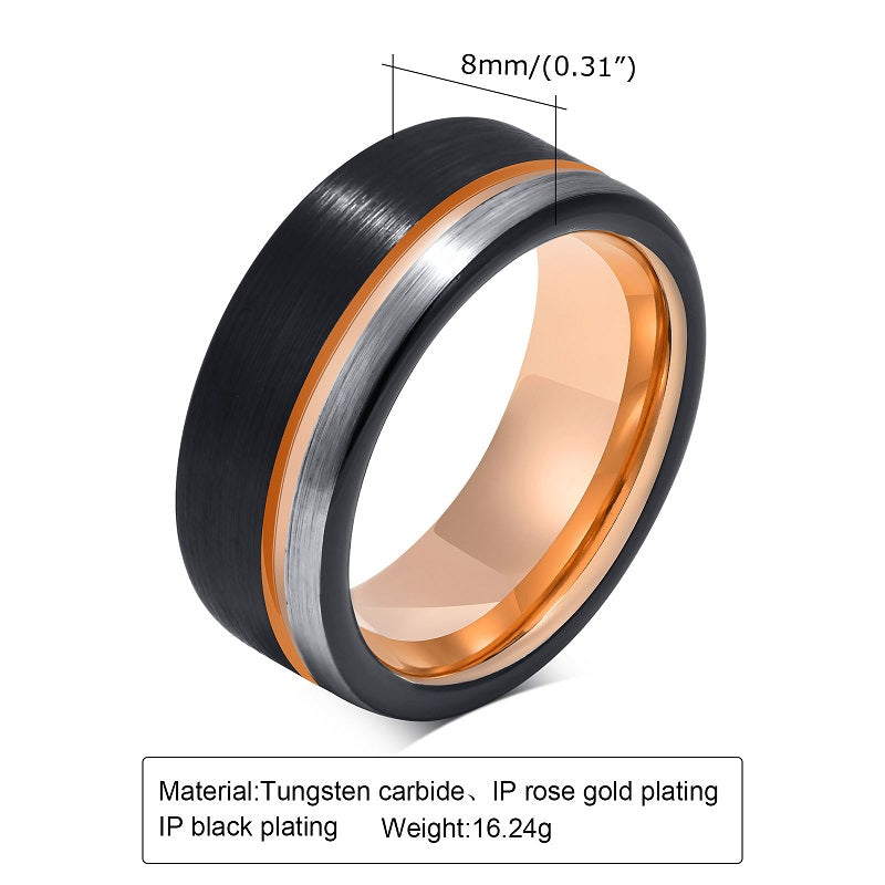 Men’s 8mm Tungsten Carbide Ring – Black with Polished Rose Gold & Silver Groove, Comfort Fit Wedding Band