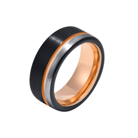 Men’s 8mm Tungsten Carbide Ring – Black with Polished Rose Gold & Silver Groove, Comfort Fit Wedding Band