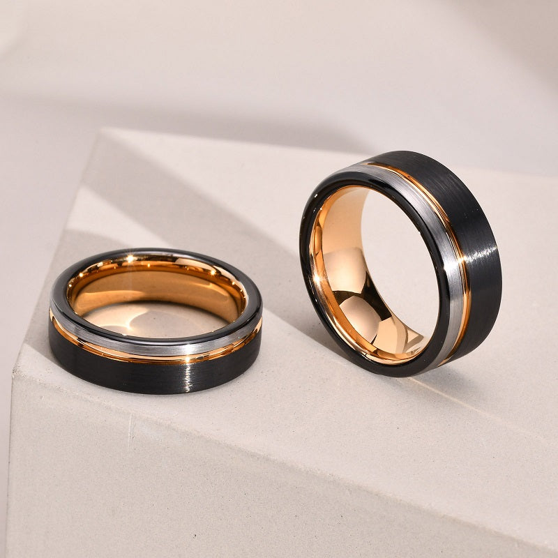 Men’s 8mm Tungsten Carbide Ring – Black with Polished Rose Gold & Silver Groove, Comfort Fit Wedding Band