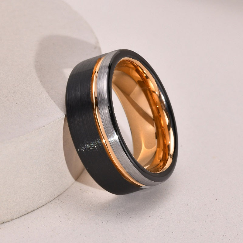 Men’s 8mm Tungsten Carbide Ring – Black with Polished Rose Gold & Silver Groove, Comfort Fit Wedding Band