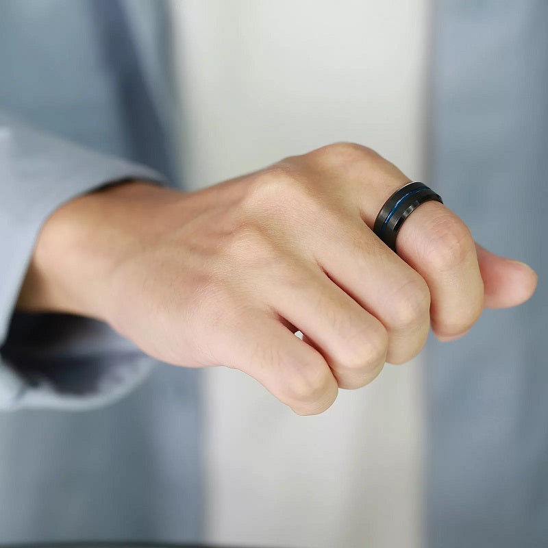 Shop the Men’s Black Channel Tungsten Carbide Ring – 8mm matte finish with polished black groove. Durable, scratch-resistant, and designed for comfort. Perfect wedding band or gift.