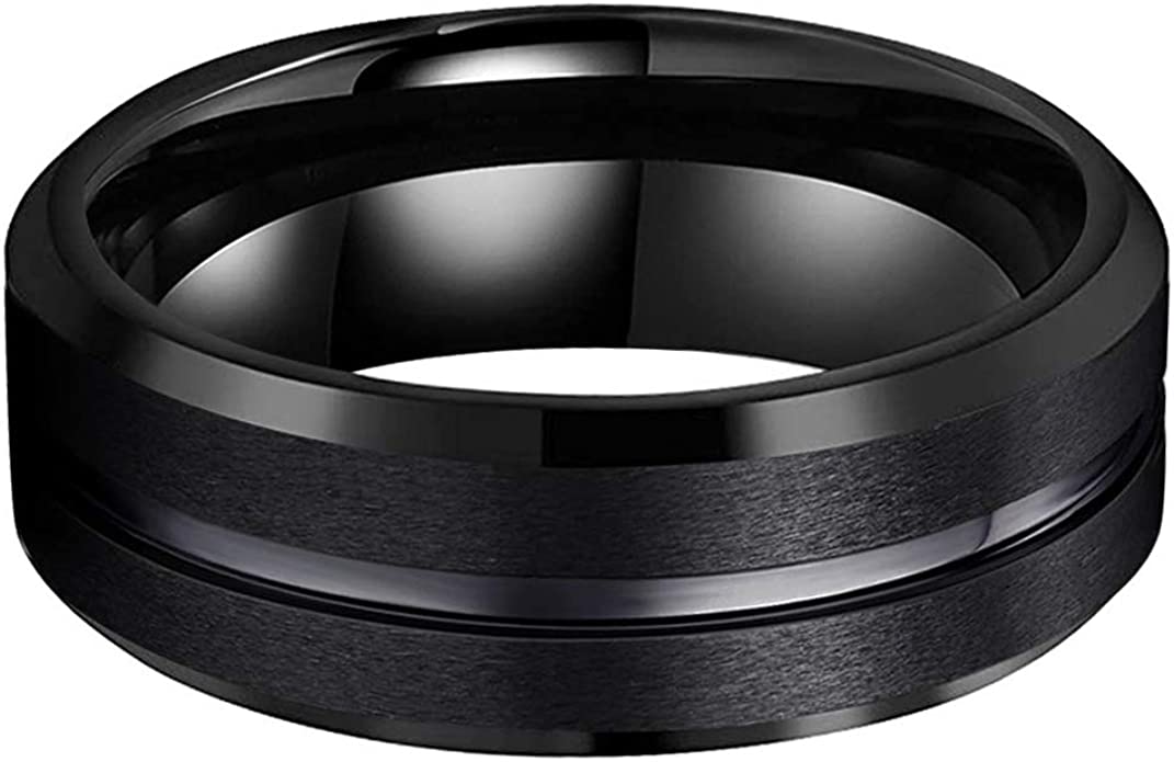 Shop the Men’s Black Channel Tungsten Carbide Ring – 8mm matte finish with polished black groove. Durable, scratch-resistant, and designed for comfort. Perfect wedding band or gift.