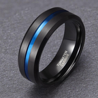 Shop the Men’s Blue Channel Tungsten Carbide Ring. 8MM black wedding band with vibrant blue groove, scratch-resistant comfort fit & premium gift box