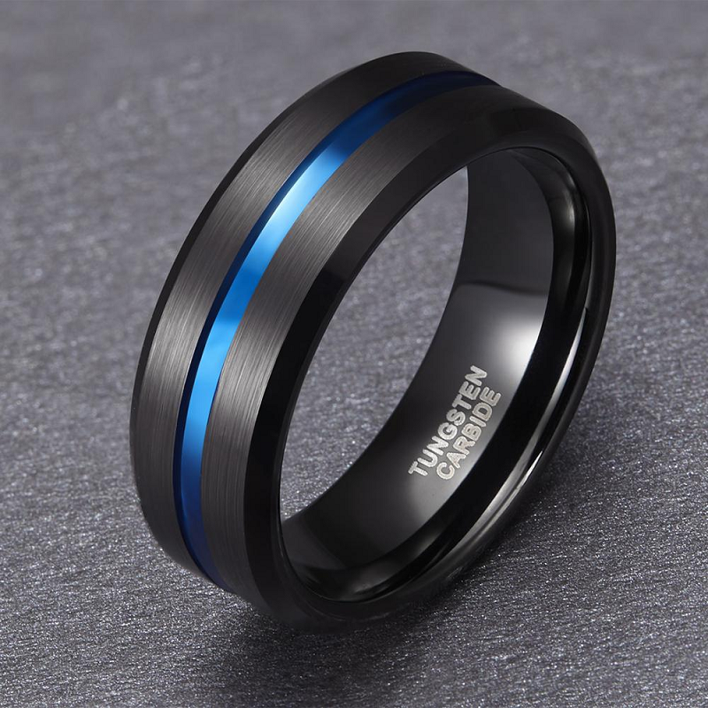 Shop the Men’s Blue Channel Tungsten Carbide Ring. 8MM black wedding band with vibrant blue groove, scratch-resistant comfort fit & premium gift box