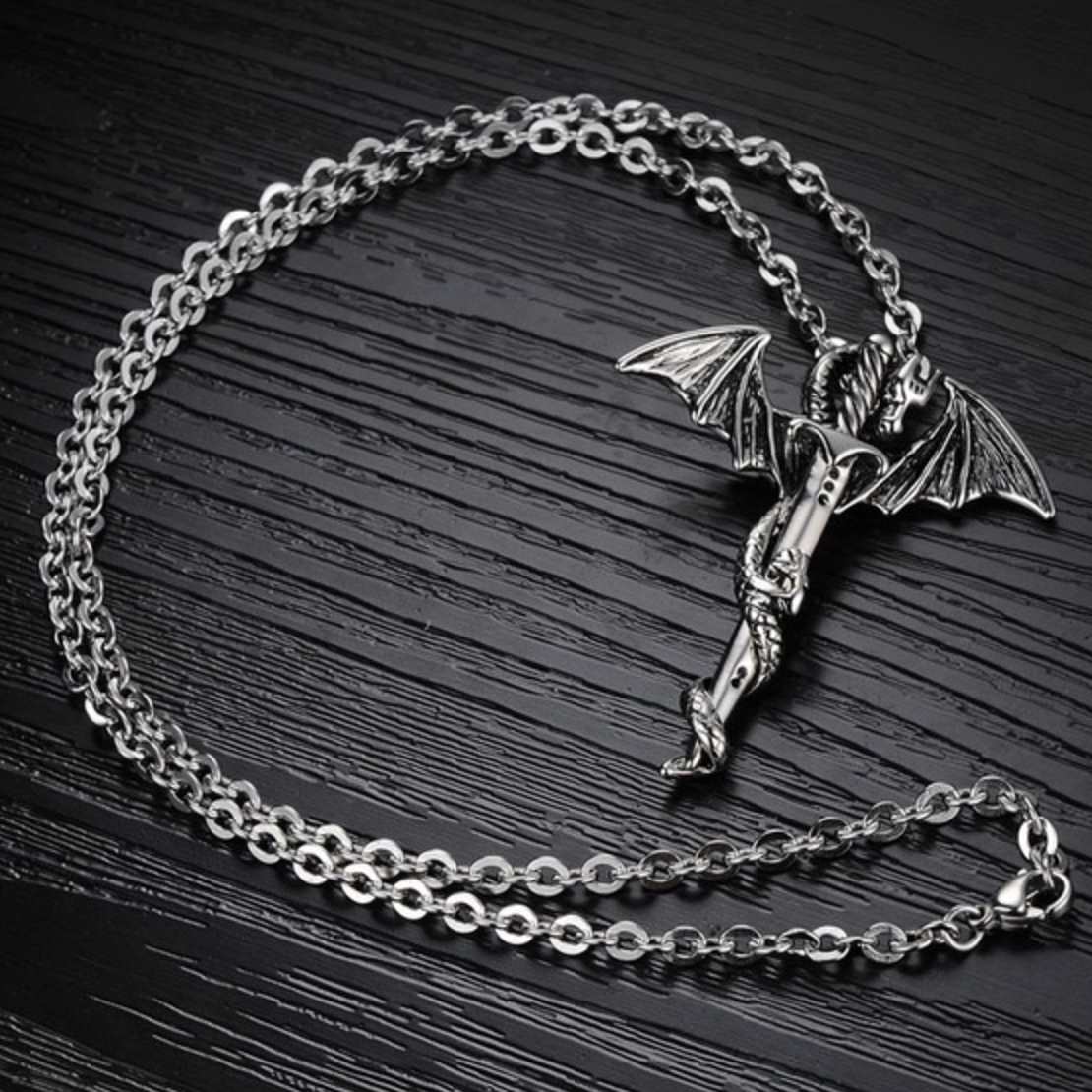 Dragon and Sword Necklace - Silver