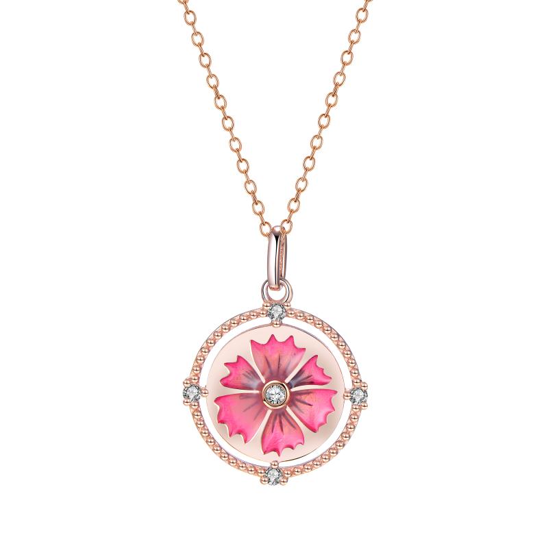 Elegant Carnation Petals Necklace in sterling silver with rose gold plating & Swarovski Zirconia. A timeless floral pendant for any occasion.