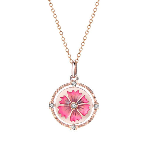 Elegant Carnation Petals Necklace in sterling silver with rose gold plating & Swarovski Zirconia. A timeless floral pendant for any occasion.