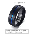 Shop the Men’s Blue Channel Tungsten Carbide Ring. 8MM black wedding band with vibrant blue groove, scratch-resistant comfort fit & premium gift box