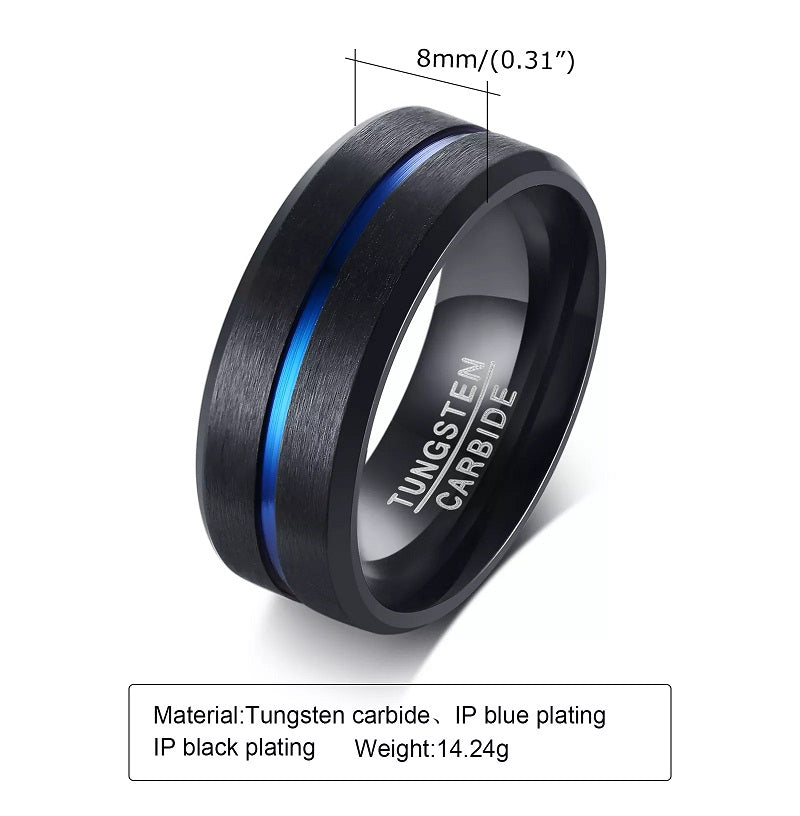 Shop the Men’s Blue Channel Tungsten Carbide Ring. 8MM black wedding band with vibrant blue groove, scratch-resistant comfort fit & premium gift box