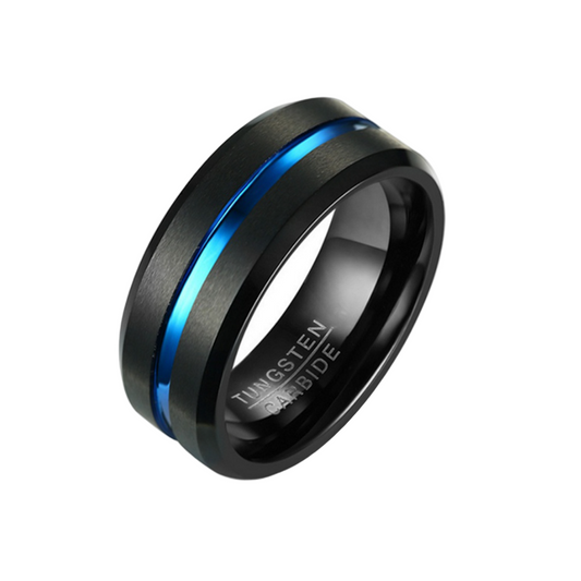 Shop the Men’s Blue Channel Tungsten Carbide Ring. 8MM black wedding band with vibrant blue groove, scratch-resistant comfort fit & premium gift box
