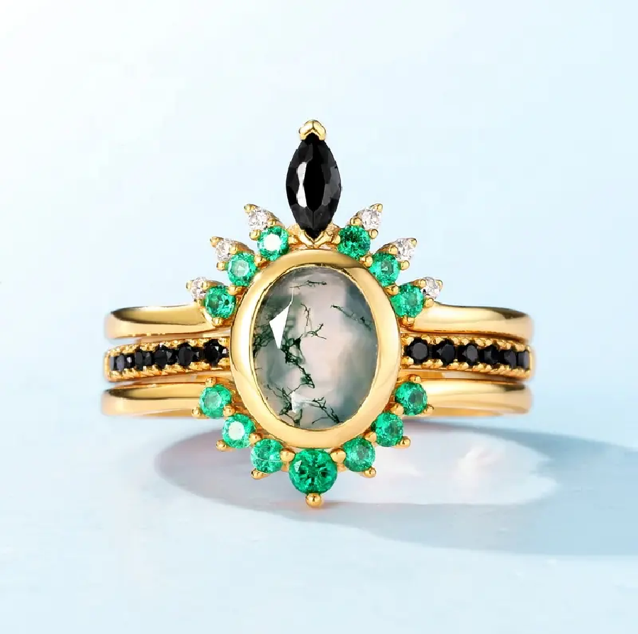 Moss Agate Oval Ring Twin Set