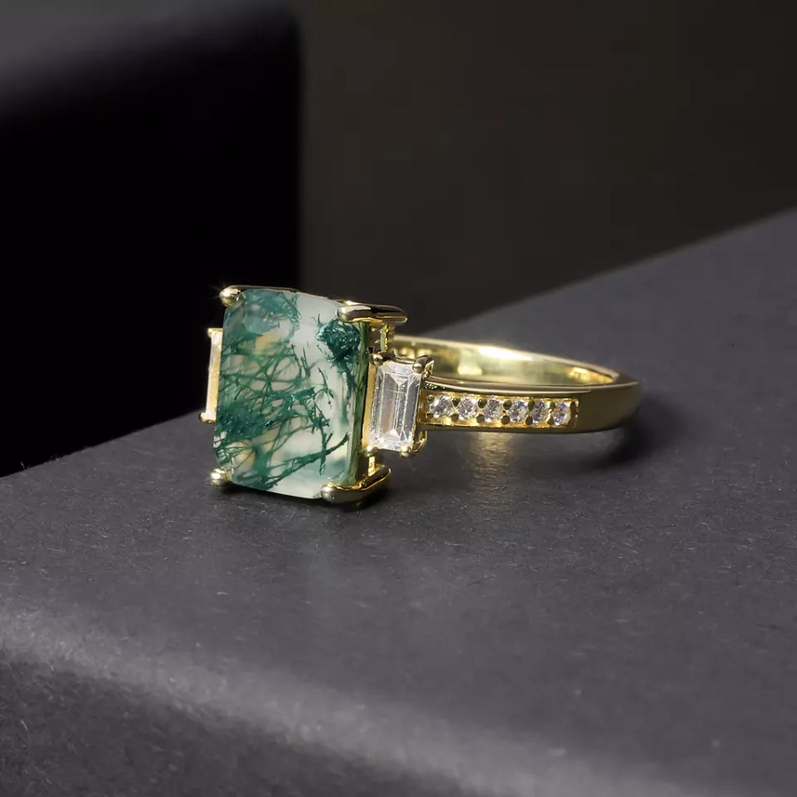 Moss Agate Emerald Cut Ring