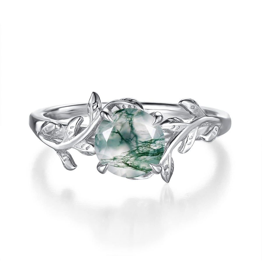 S925 Leaf Design Solitaire in Natural Green Moss Agate