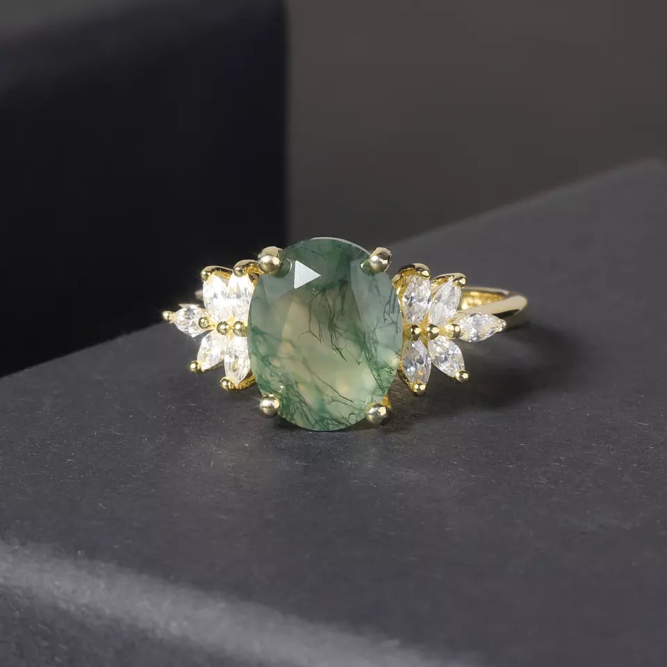 Moss Agate Oval Halo Ring