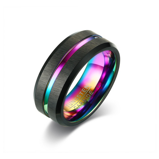 Black Tungsten Carbide Ring with Rainbow Inner and Line