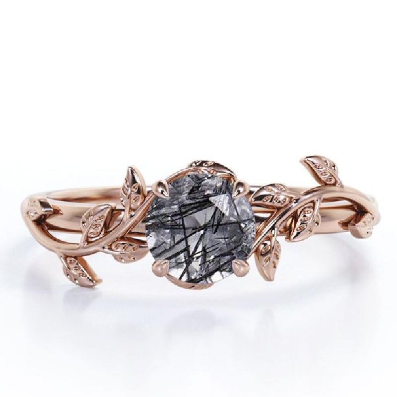 S925 Black Rutilated Quartz Leaf Solitaire in Rose Gold