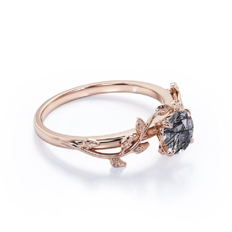 Black Rutilated Quartz Leaf Solitaire in Rose Gold