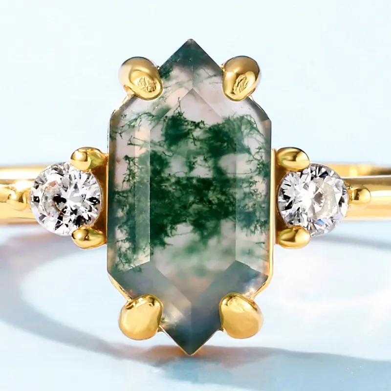 🆕Hexagon Natural Green Moss Agate Adjustable Ring