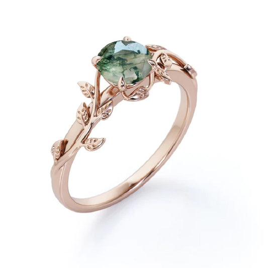 Moss Green Agate Leaf Rose Gold Solitaire