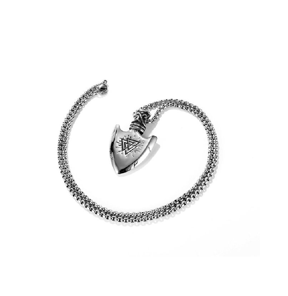 Valknut Arrow Head NecklaceThis Valknut Arrow Head Necklace is crafted from stainless steel, making it highly durable and resistant to corrosion. The intricate design and sophisticated look maNecklacesAD004Dhia JewelleryValknut Arrow Head Necklace
