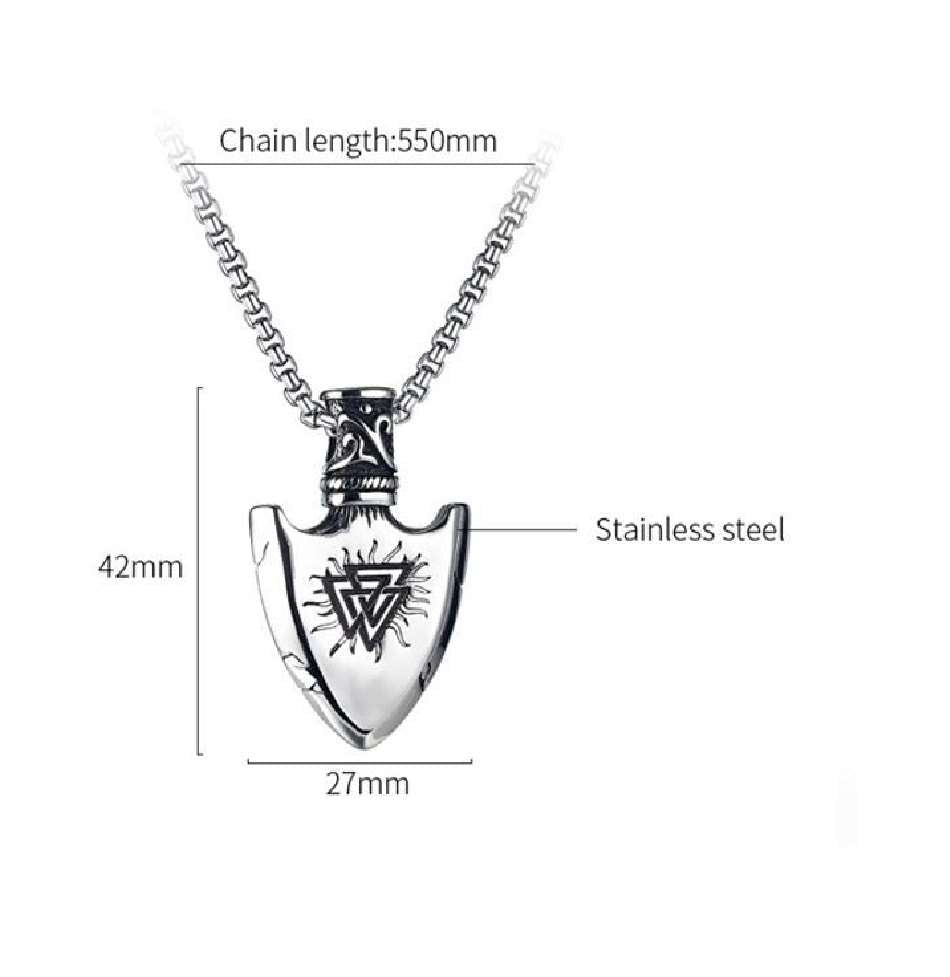Valknut Arrow Head NecklaceThis Valknut Arrow Head Necklace is crafted from stainless steel, making it highly durable and resistant to corrosion. The intricate design and sophisticated look maNecklacesAD004Dhia JewelleryValknut Arrow Head Necklace