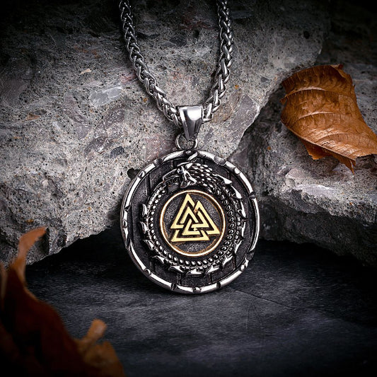 Circular Jormungand and Valknut Necklace - Gold